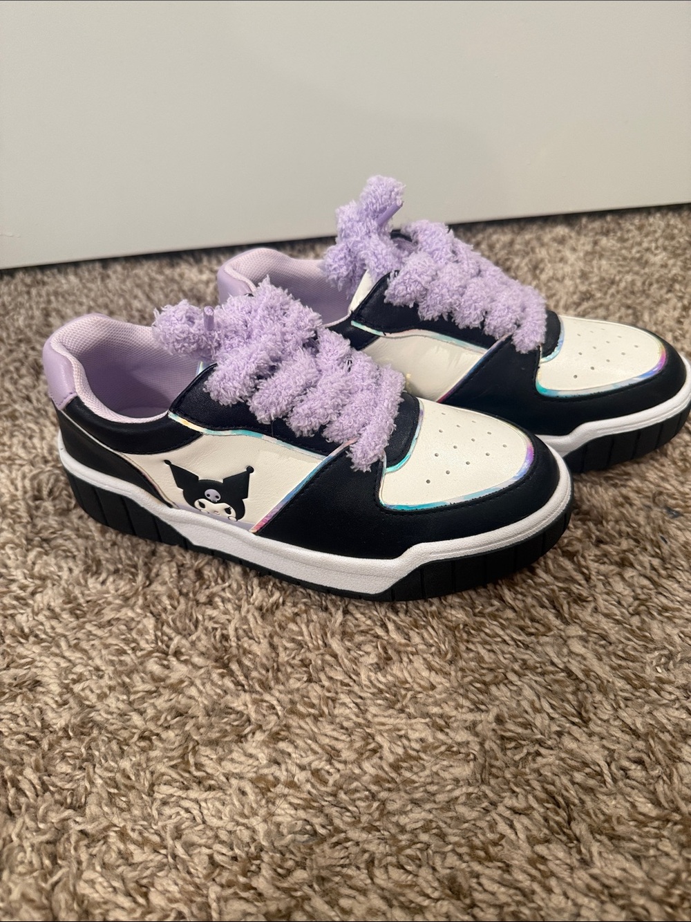 The Children's Place Black & White Kids Sneakers with Lilac Fuzzy Laces
